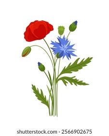 Flowers and herbs. Red and blue flowers and grass. Bloom and blossom plants. Floristry and botany. Sticker for social networks. Flat vector illustration isolated on white background