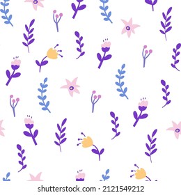 Flowers and herbs seamless pattern. Romantic floral background. Perfect for fabric, packaging, wallpaper, textiles, clothing. Vector cartoon illustration
