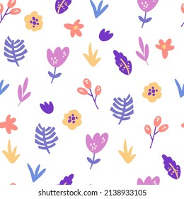 Flowers and herbs seamless pattern. Romantic floral background. Perfect for fabric, packaging, wallpaper, textiles, clothing. Vector cartoon illustration