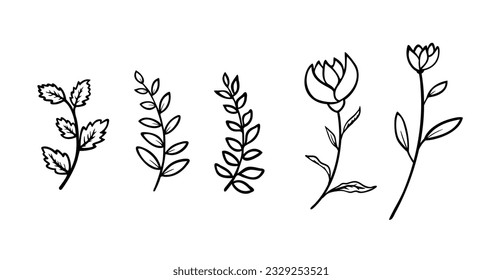 Flowers and herbs. Silhouettes of grass, flowers and herbs. Hand drawn sketch flowers.Set of flowers.