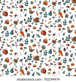 Flowers and herbs silhouettes on green background pattern. Vector illustration. For cards, prints, decorations. 
