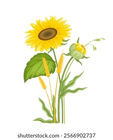 Flowers and herbs. Sunflowers and grass. Bloom and blossom plants. Beautiful bouquet. Floristry and botany. Social media sticker. Flat vector illustration isolated on white background