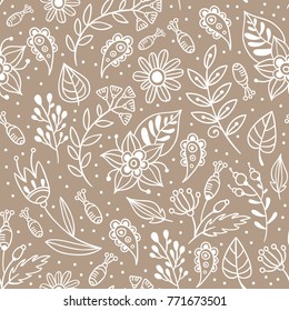 Flowers and herbs vector seamless pattern. Floral background with beige and white leaves and plants. Hand drawn botanic texture in doodle style