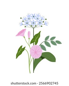 Flowers and herbs. Violet and blue flowers and grass. Bloom and blossom plants. Floristry and botany. Graphic element for website. Flat vector illustration isolated on white background