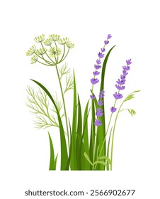 Flowers and herbs. Violet flowers and grass. Bloom and blossom plants. Beautiful bouquet. Floristry and botany. Spring or summer season. Flat vector illustration isolated on white background