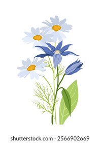 Flowers and herbs. White and blue flowers and grass. Bloom and blossom plants. Floristry and botany. Sticker for social networks. Flat vector illustration isolated on white background