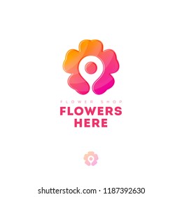 Flowers Here Are Logo. Map Marker In The Flower. Flower Shop, Bouquets Delivery Icon. Simple Icon.