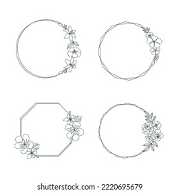 Flowers hexagon circle linear drawing vector illustration