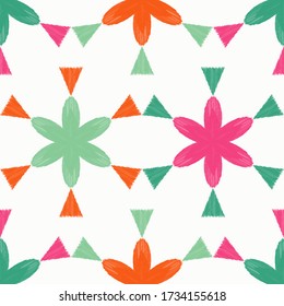 Flowers and Hexagons. Design with manual hatching. Ethnic boho ornament. Seamless background. Tribal motif. Vector illustration for web design or print.