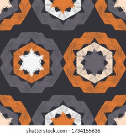 Flowers and Hexagons. Design with manual hatching. Ethnic boho ornament. Seamless background. Tribal motif. Vector illustration for web design or print.
