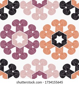 Flowers and Hexagons. Design with manual hatching. Ethnic boho ornament. Seamless background. Tribal motif. Vector illustration for web design or print.