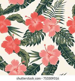 Flowers hibiscus abstract color tropical leaves seamless. Vector beach pattern wallpaper light background