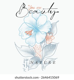 flowers hibiscus botanical art style. summer tropical flowers. printed t-shirt design for men and women's, Vintage Doted flowers print, Beauty of nature slogan text print design. flower graphic 