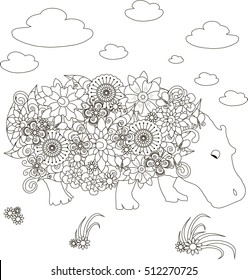 Flowers hippo, coloring page anti-stress vector illustration
