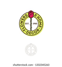 Flowers and home decor logo. Red rose and letters in the round badge. Premium business emblem. Monochrome option.