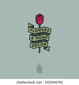 Flowers and home decor logo. Red rose and letters in the ribbon. Premium business emblem. Heraldic option.