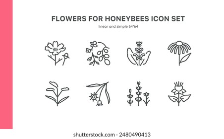 Flowers for Honeybees Vector Icons Set. Pollinator-Friendly Plants, Nectar Rich Flowers, Beekeeping, Garden Blooms, and Wildflowers. Editable Linear Collection.