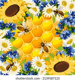 Flowers and honeycombs with bees.Bees, honeycombs and flowers in color vector illustration.