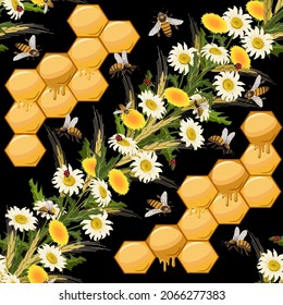 Flowers and honeycombs in a pattern.Dandelions, daisies, ears, bees and honeycomb in color vector pattern.