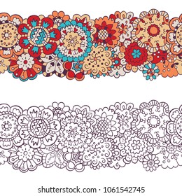 Flowers. Horizontal seamless pattern in doodle and cartoon style. Colorful and contour. Vector. EPS 8