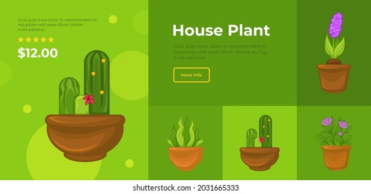 Flowers and house plants buying and selling online in internet. Shop with catalog and assortment of products. Flourishing cactus in pot. Website or webpage template, landing page flat style vector