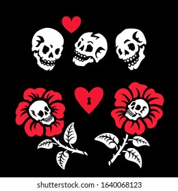 Flowers with human skulls. Gothic flowers and hearts. Isolated on a black background. Greeting card for Valentine's Day. Also great for Halloween.