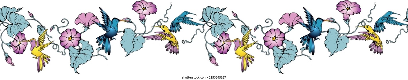 Flowers and hummingbirds. Seamless abstract border. Suitable for fabric, mural, wrapping paper and the like