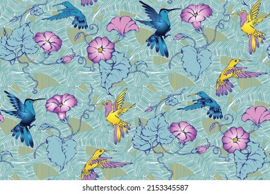 Flowers and hummingbirds. Seamless pattern.  Suitable for fabric, wrapping paper and the like