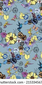 Flowers and hummingbirds. Seamless pattern.  Suitable for fabric, wrapping paper and the like