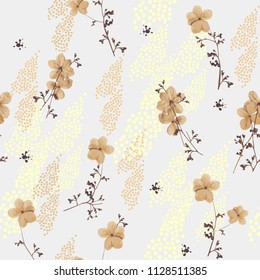 Flowers of hydrangea climbing plant  in dark brown and beige colors seamless pattern on white background