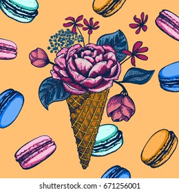 Flowers in ice-cream cone, macaroon sketch. Illustration isolated on orange background. Engraving style. Botanical food banner