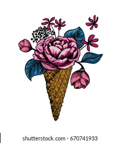 Flowers in ice-cream cone sketch. Illustration isolated on white background. Engraving style. Botanical food illustration. Lettering natural food