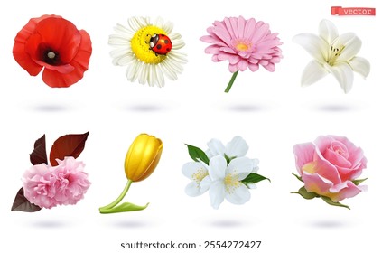 Flowers icon 3d realistic vector set