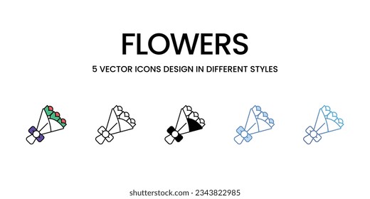 Flowers Icon Design in Five style with Editable Stroke. Line, Solid, Flat Line, Duo Tone Color, and Color Gradient Line. Suitable for Web Page, Mobile App, UI, UX and GUI design.