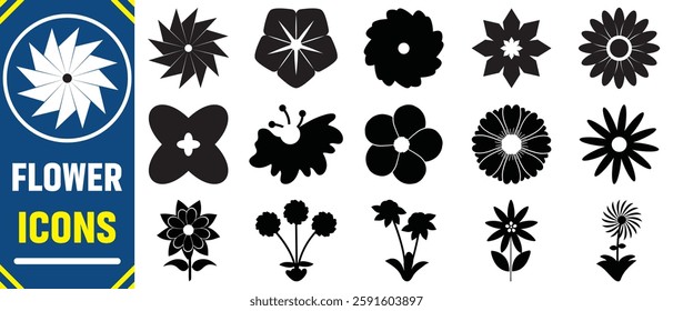 Flowers icon set. Set of abstract flowers in brutalist style. Geometric flower set. Abstract minimal daisy elements. Brutalist design. Ideal for decoration, logos, and design projects.
