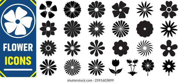 Flowers icon set. Set of abstract flowers in brutalist style. Geometric flower set. Abstract minimal daisy elements. Brutalist design. Ideal for decoration, logos, and design projects.
