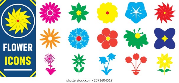 Flowers icon set. Set of abstract flowers in brutalist style. Geometric flower set. Abstract minimal daisy elements. Brutalist design. Ideal for decoration, logos, and design projects.