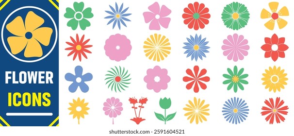 Flowers icon set. Set of abstract flowers in brutalist style. Geometric flower set. Abstract minimal daisy elements. Brutalist design. Ideal for decoration, logos, and design projects.