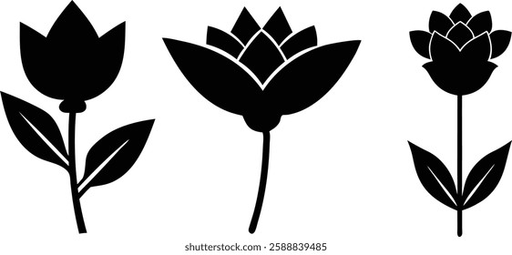 Flowers Icon set black and white Vector illustration