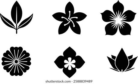 Flowers Icon set black and white Vector illustration
