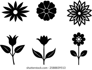 Flowers Icon set black and white Vector illustration