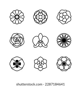 Flowers icon set. Blossoms top view - zinnia, jasmine, camellia, rose, orchid, gerbera, poppy, magnolia, anemone. Stylized illustration in minimalist style. Editable thin strokes, flowering sign