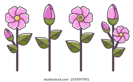 Flowers icon set. Cartoon Floral elements isolated on white background. Blooming plants. Wild flower, daisy, bud, bouquet. Outline symbols with editable stroke. Vector illustration