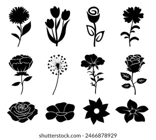 Flowers icon set, flower silhouette isolated, flowers in simple style