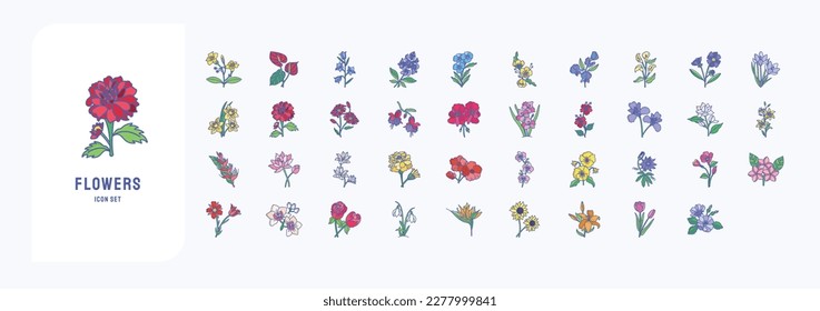 Juego de iconos de flores, que incluyen íconos como Fuchsia, Daisy, Sunflower y más
