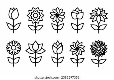 Flowers icon set isolated on white background. Outline flat flowers vector. Flowers with leaf icon. Minimalist and simple flowers symbol.