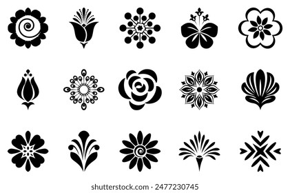 Blumensymbol gesetzt. Blumen isoliert auf transparentem Hintergrund. Blumen in moderner Schlichtheit. Niedliche runde Blume Pflanze Natur Kollektion. Vektorgrafik Illustrator