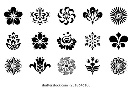 Blumen-Symbol-Set. Blumen einzeln auf transparentem Hintergrund. Blumen in modernen einfach. Süße runde Blumenpflanze Natursammlung. Vektorgrafik