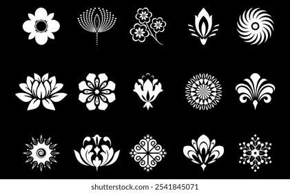 Blumen-Symbol-Set. Blumen einzeln auf transparentem Hintergrund. Blumen in modernen einfach. Süße runde Blumenpflanze Natursammlung. Vektorgrafik