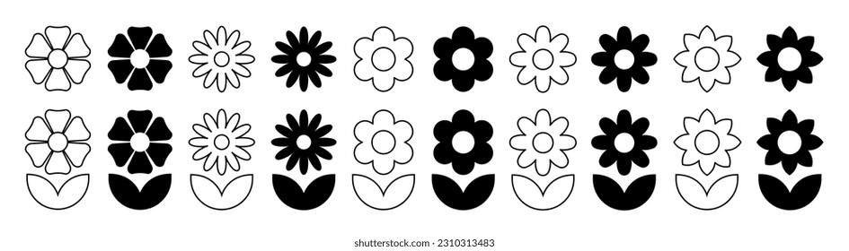 Flowers icon set on white background. Floral pictogram in trendy flat and line style. Nature symbol for decoration design. Vector illustration.